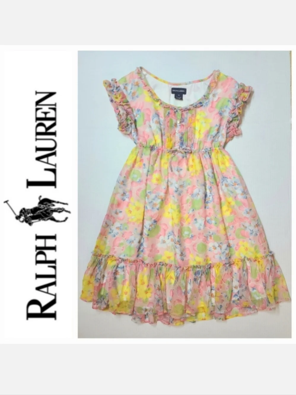 Ralph Lauren Girls Pink Yellow Floral Short Sleeve Ruffled Chiffon Dress Sz 10